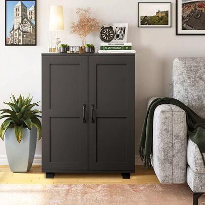 SUN YEE Storage Cabinet With 2 Doors, Bathroom Floor Cabinet With 3-Tier Shelves And Alloy Handles, Buffet Sideboard For Kitchen Living Room Dining Room Bathroom, 56.5x26.5x23.5cm, Black