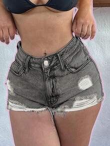 Cowgirl Women Street Style Distressed Frayed Denim Shorts - Medium Gray - View 2