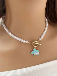 1 pieza Collar con colgante de estrella de mar de acero inoxidable con cierre de T, diseño de perla falsa, adecuado para mujeres en verano y viajes (no incluye caja de joyería) - estrella de mar - Ver 11