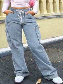 Women's Loose Casual Drawstring Waist Cargo Denim Pants - Rửa nhẹ - Xem 10