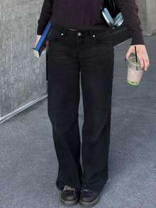 低腰直筒牛仔裤，Y2K做旧宽松水洗休闲校园风女款，黑色 - 黑色 - 查看 4