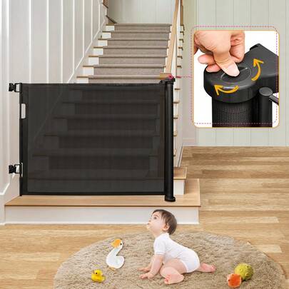 Einziehbare Sicherheitsbarriere für Babys, ausziehbare Barriere für Treppen, Flure und Türen, versetzbare und aufrollbare Barriere, 0–150 cm / 0–180 cm, schwarz / grau / weiß
