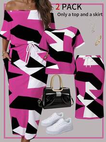 大码女式休闲两件套，几何印花 T 恤和迷你裙，夏季 - 玫紅色 - 查看 3