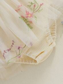 Conjunto de vestido y pelele para niña recién nacida, cuello redondo, manga larga, estampado floral, encaje, tutú, mono con diadema - Caqui - Ver 8