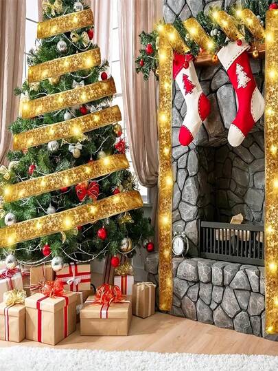 1 cordão de luzes decorativas de fita LED de Natal atraente, decoração de cordão de luzes de fita para árvore de Natal faça você mesmo, alimentado por bateria, sem necessidade de tomada. Decoração de Natal e casamentos para ambientes internos. Tema Papai Noel. Plástico, com detalhes brilhantes. Luzes de árvore de Natal, adequadas para decoração de festas de Natal internas e externas, paredes de ambientes e decoração de árvores de Natal.