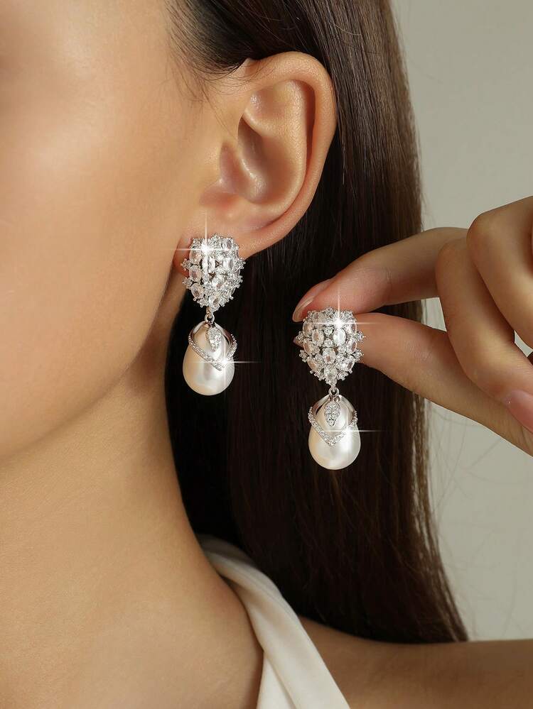jealous young 1pair Elegant Big Simplicity Flower CZ Shell Pearl Wedding Dangle Earrings For Women Brides Luxury Zircona Drop Earrings Festivals Engagement Anniversary Party Jewelry Gift - White - View 2