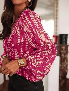 Áo sơ mi nữ in họa tiết toàn thân cho kỳ nghỉ xuân/hè - Tay áo xòe thanh lịch, cổ cài nút, chất liệu polyester nhẹ, áo sơ mi mùa hè in họa tiết toàn thân - Hồng - Xem 3