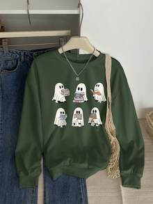 女士秋冬万圣节鬼魂图案长袖圆领卫衣，休闲宽松百搭款式上衣，时尚万圣节服装女士，适合日常和节日穿着，万圣节氛围 - 淺綠 - 查看 1