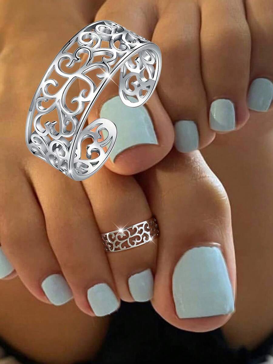 1件S925纯银精致镂空花朵脚趾戒指，可调节脚趾戒指，适合夏季海滩穿着 - 鏤空花紋腳戒 - 查看 1