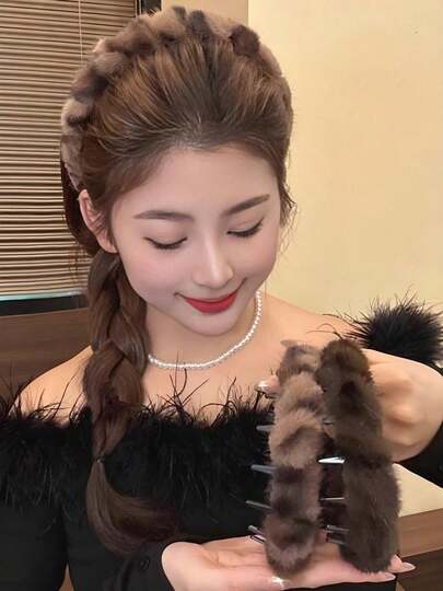 1/2件秋冬新款高头饰复古豹纹齿状毛绒发带防滑面部发夹头带女发箍发箍女