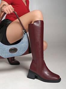 Fall/Winter 2025 New Leather Mid-Heel Over-The-Knee Riding Motorcycle Boots, Simple & Versatile High Shaft Boots For Women - Burgundy - View 8