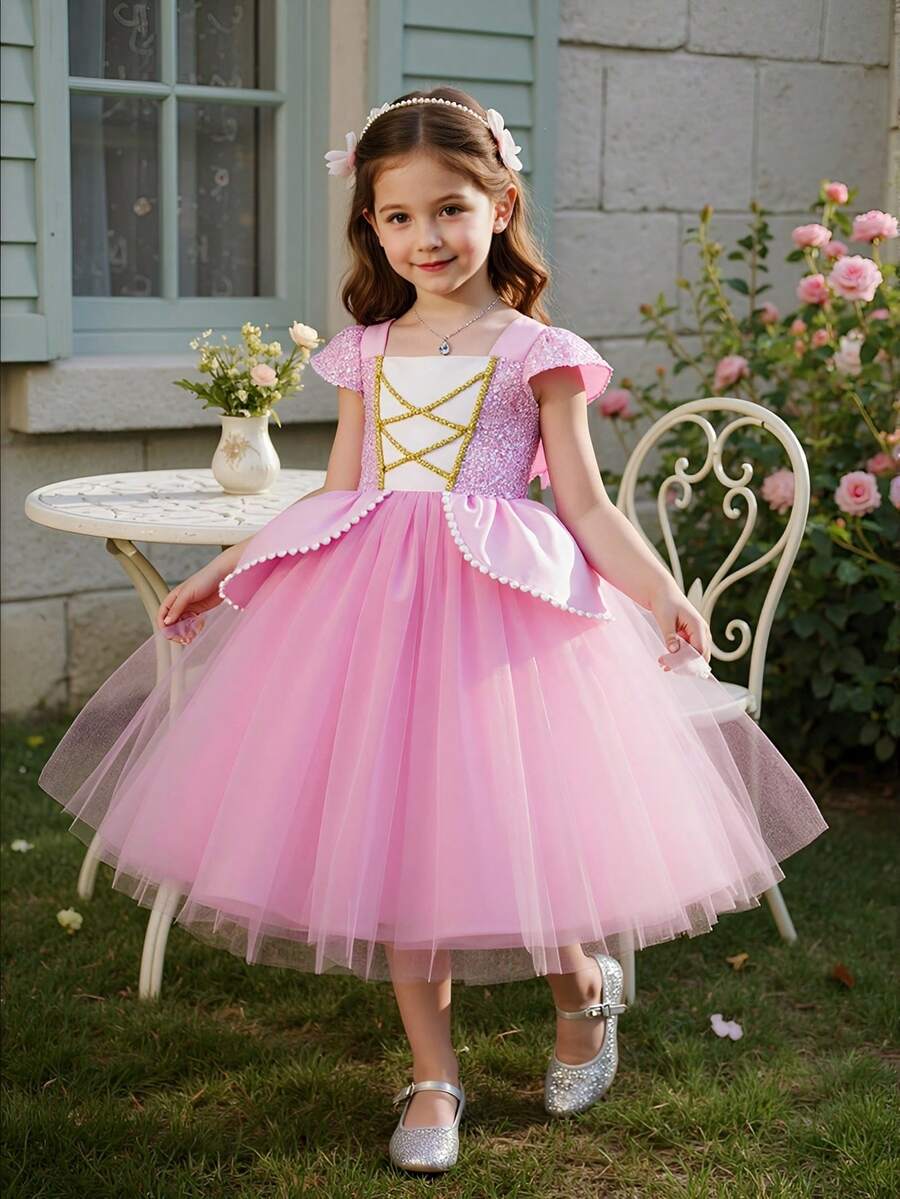 Váy dự tiệc bồng bềnh bằng vải tuyn đính nơ sequin cho bé gái, váy phù dâu, váy công chúa, phù hợp cho những dịp quan trọng, lễ hội, tiệc sinh nhật, tiệc cocktail - Hồng - Xem 1