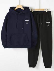 Bộ áo hoodie thu/đông nam | Họa tiết chữ thập | Trang phục thể thao thường ngày thiết yếu - Màu xanh hải quân - Xem 7