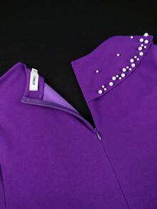 AOMEI 大码女士秋季串珠荷叶边鸡尾酒会中长连衣裙，长袖V领正式婚礼宾客礼服派对 - 紫色 - 查看 8