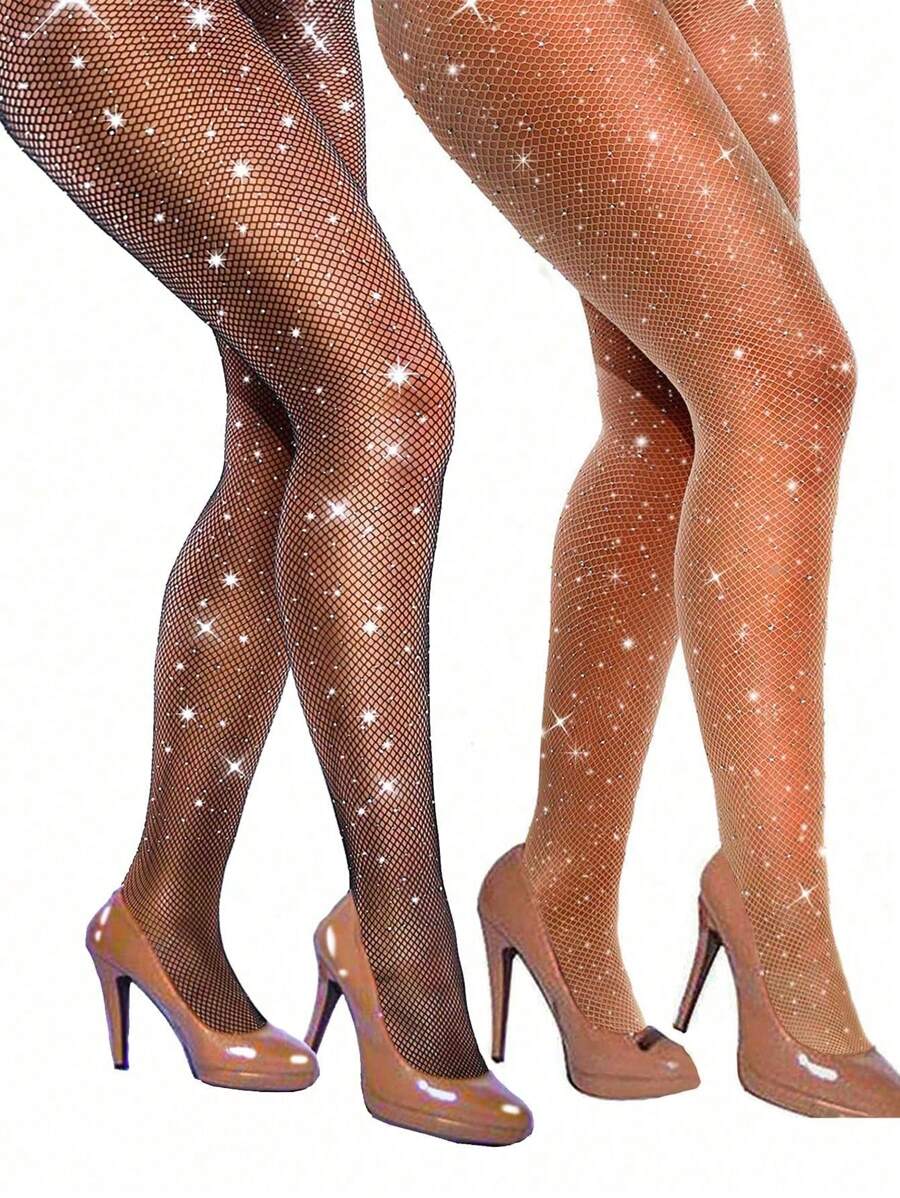 2/3/4双性感闪亮渔网袜和高腰水钻渔网打底裤，女士派对礼服袜，圣诞礼物