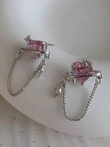 一对心形水晶链吊坠耳环 - 彩色 - 查看 3