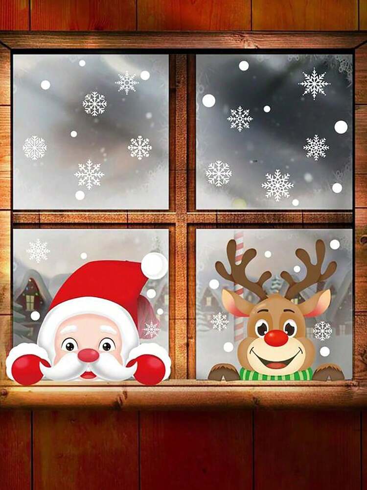2 piezas Pegatinas de pared y ventana navideñas - Papá Noel de dibujos animados y diseño de renos y copos de nieve - Pegatinas de PVC autoadhesivas para decoración navideña en el hogar, oficina y celebraciones de Año Nuevo - Multicolor - Añade 2