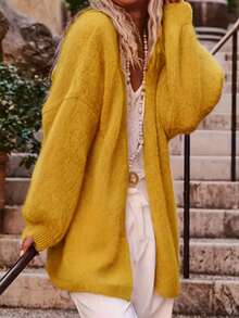 Autumn/Winter Casual Solid Color Soft Elegant Versatile Plus Size Women Knitted Long Sleeve Loose Cardigan - Yellow - View 1