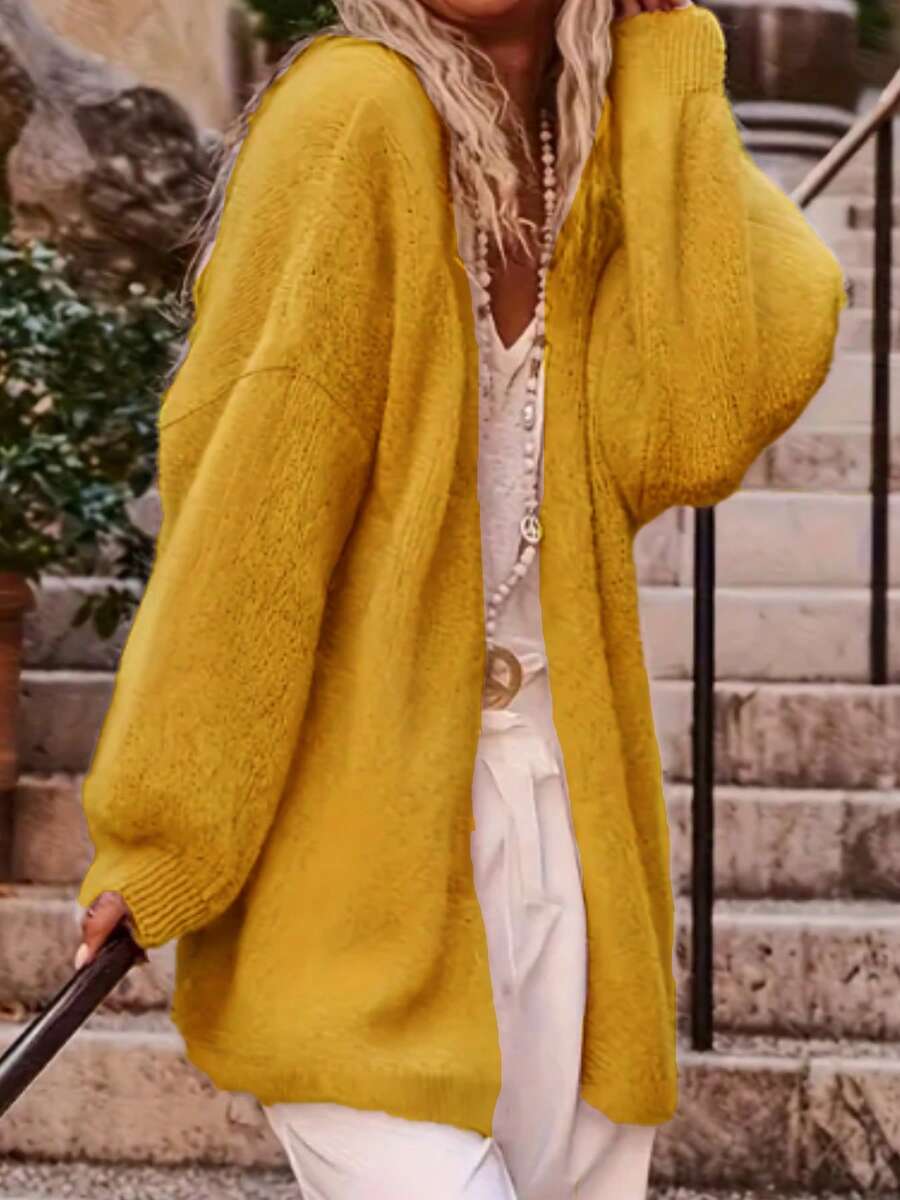 Autumn/Winter Casual Solid Color Soft Elegant Versatile Plus Size Women Knitted Long Sleeve Loose Cardigan - Yellow - View 1