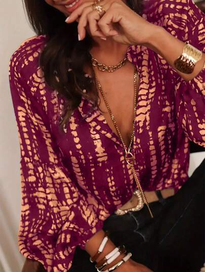 Camisa de mujer para primavera/verano con estampado todo sobre - Manga farol elegante, cuello con botones, poliéster ligero, camisa de verano con estampado todo sobre