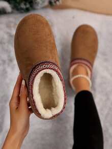 Botas de nieve tipo slip-on para mujer con forro térmico, suela gruesa, de caña corta, versátiles para otoño e invierno, antideslizantes, cálidas, lavables, con suela suave para interior y exterior - Camel - Ver 4