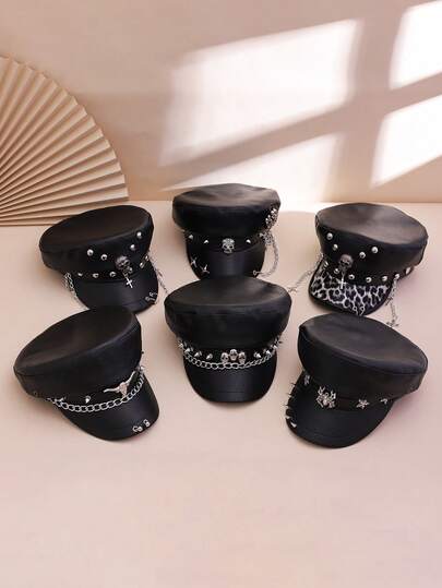 1pc Unisex Black PU Leather Skull, Spider, Chain, Rivet Decor Y2K Style Flat Top Newsboy Cap, Suitable For Halloween Party, Performance, Banquet
