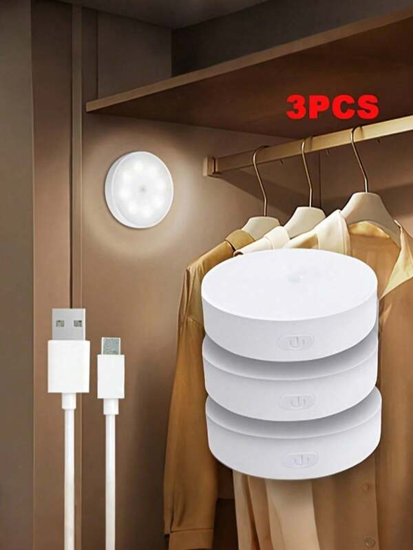 3pcs Motion Sensor Night Light For Office Cabinet, USB Rechargeable, Dimmable, Auto On/Off, Self-Adhesive Installation, Suitable For Bedroom, Stairs, Wardrobe, Wine Cabinet, Kitchen Cabinet