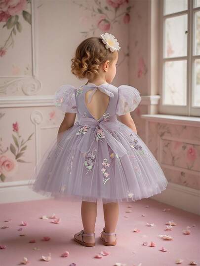 Baby Girls Puff Sleeve Embroidered Tulle Cute Birthday Party Dress, Suitable For Flower Girl, Wedding, Fabric And Floral Pattern May Vary, Headband Not Included