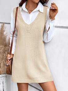 女式纯色 V 领简约无袖侧开衩针织毛衣裙，休闲日常穿着 - 米色 - 查看 4