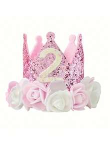 1 pieza Sombrero de cumpleaños para niños de 1 a 5 años, corona de fieltro con flores rosa y blanco con brillo, adecuado para cumpleaños, fiestas de Navidad y suministros para eventos