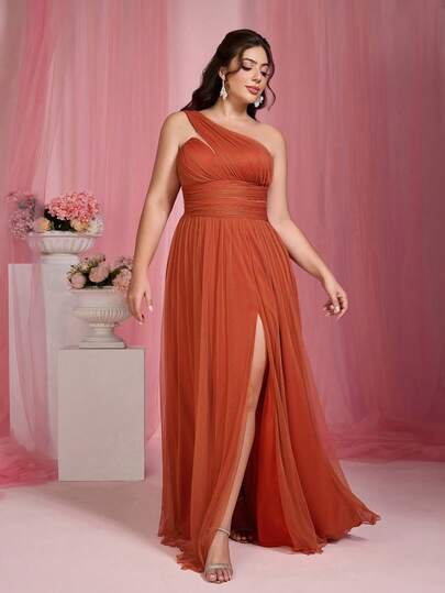 Mgiacy, nouvelle arrivée, une épaule, couleur unie, robe de demoiselle d'honneur grande taille, transparente, froncée, fente haute, tulle, longue robe