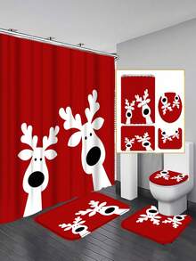 1/4pcs Elegant Christmas Reindeer Print Shower Curtain, Waterproof Mold-Resistant Multi-Functional Polyester Knit Bath Curtain With Hooks, Top Style Pleated Fold, Seasonal Holiday Theme, Animal Design, No Lining, Woven Fabric,Home Decoration Bathroom Decor