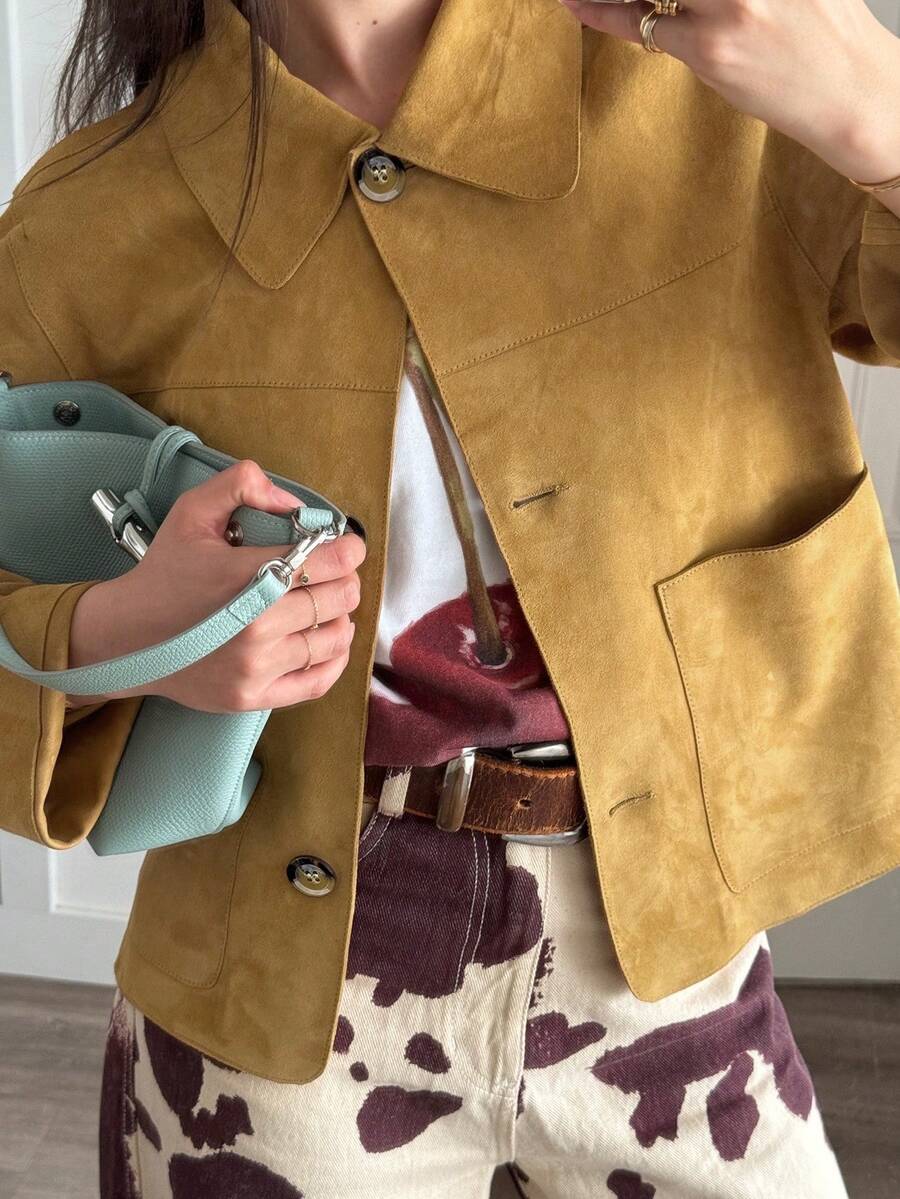 Women's Solid Color Versatile Short Long Sleeve Fleece Lined Double Collar Jacket, New Style