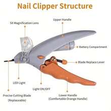 1 宠物指甲钳带 LED 灯，透明指甲修剪放大镜，指甲残留物收集器，宠物卫生指甲钳，指甲锉，狗、猫和小动物指甲修剪器，橙色指甲钳，多色指甲锉，腿部美容工具