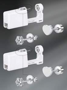 CIZME 4 件/套时尚不锈钢方晶锆石心形仿珍珠平背耳环，带穿耳枪，自穿耳套装 - 一次性穿耳枪，带预装耳钉，家用自穿耳枪套装，软骨耳环，男女皆宜，可作为日常装饰 - 銀色/金色 - 查看 10