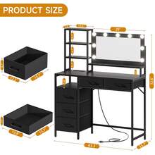 Vanity Desk With Mirror And Lights, 3 Color Modes With Adjustable Brightness, 5 Spacious Fabric Drawers & Open Storage Shelves, Modern Makeup Vanity Table For Bedroom - 查看 2