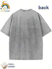 Star Pattern And "" Letter Print Men'S Summer Loose Fit Short Sleeved Washed Vintage 230g Pure Cotton Comfortable Breathable Casual Street Round Neck T-Shirt - Xám - Xem 2