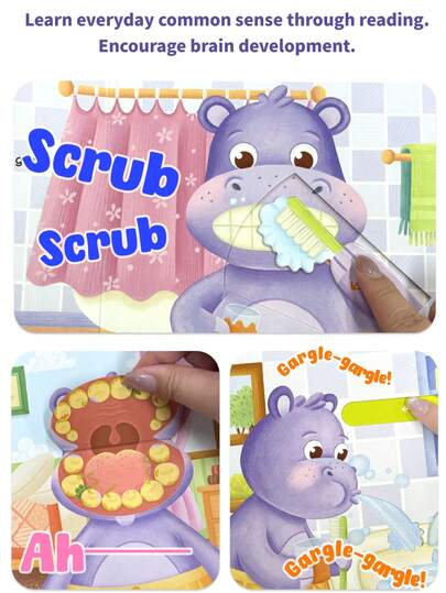 beartale 互动翻页故事书，动物日常活动图画书（公鸡起床、小猫洗脸、河马刷牙、熊整理房间），适合3-6岁儿童，蒙特梭利安静旅行玩具，学前启蒙及睡前阅读