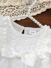1pc Baby Girl Elegant White Jacquard Long Sleeve Dress With Bow Decor And Embroidery, Mesh Fabric, Suitable For Spring/Autumn - White - View 4