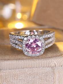Vanel 1 chiếc nhẫn tròn màu hồng đính đá Cubic Zirconia 4 chấu thanh lịch, thích hợp cho trang phục hàng ngày của phụ nữ, tiệc tùng và hẹn hò, quà tặng hoàn hảo cho ngày hẹn hò - Bạc-Hồng - Xem 4