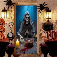 2D Halloween Skeleton Grim Reaper Door Curtain, Made Of Elastic Nylon Polyester, Reusable Immersive Horror Decor, Entrance Decoration For Holiday Party, Christmas, Halloween And Winter Celebrations, No Power Required