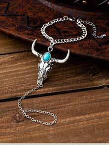 1 件复古西式椭圆形绿松石和牛头设计指环手链组合，时尚女士配饰适合日常佩戴、节日、礼物