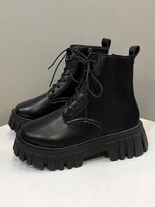Botas de cordones de moda para mujer,Botas Cortas para Mujer: Estilo Británico y Botas Moteras de Moda | Cómodas de Llevar, Ideal para Actividades Al Aire Libre - Negro - Ver 1