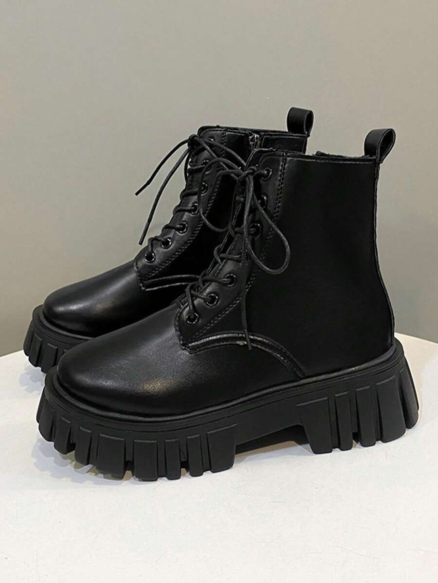 Botas de cordones de moda para mujer,Botas Cortas para Mujer: Estilo Británico y Botas Moteras de Moda | Cómodas de Llevar, Ideal para Actividades Al Aire Libre - Negro - Ver 1