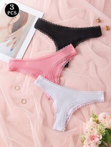 3 件装女士纯色高端蕾丝拼布丁字裤，可爱蝴蝶结设计，无缝弹力柔软舒适内衣 - 彩色 - 查看 3