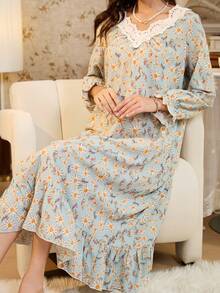 RS Pajama1 蕾丝 V 领长袖撞色蕾丝浪漫优雅印花睡裙，秋季，冬季，宽松睡衣 - 薄荷綠 - 查看 8