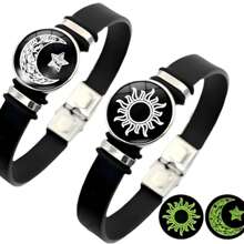 PHCOO 2 件套夜光皮革手链，日月星辰图案，时尚个性，情侣手链，黑暗中闪耀，配饰 - 彩色 - 查看 6