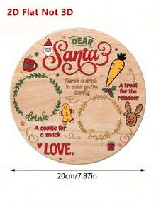 1pc 2D Santa Claus And Reindeer Wooden Round Tray, Round Christmas Snack Tray, Snack Tray, Charming Vintage Style With Gingerbread Man, Carrot, Berry And Other Patterns, Suitable For Snacks, Pastries, Fruits, Snack Tray, Perfect For Home Decoration, Seasonal Decoration, Christmas Party