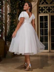 女士加大码优雅纯色拼布蕾丝网眼拉链茶歇长正式派对礼服，适合婚礼宾客、伴娘、伴娘、鸡尾酒会、婚礼、毕业派对、春夏秋 - 白色 - 查看 3