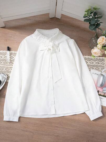 French Lace Design Hollow Bow Solid Color Blouse, Women's Casual Long Sleeve Top, Loose Fit Elegant And Intellectual, Suitable For Work, Commuting And Outings, Autumn/Winter